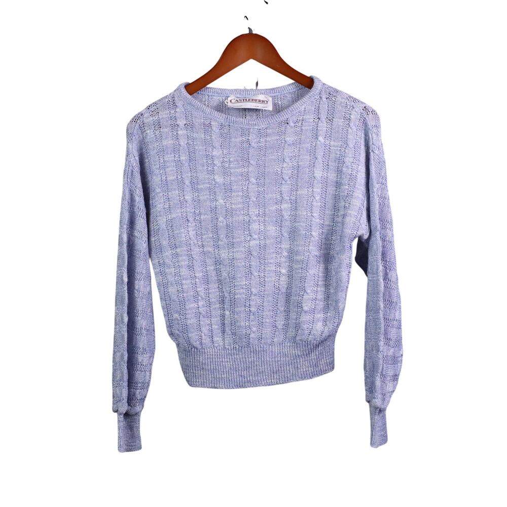 Vintage Castleberry Sweater Womens 8 Blue Crewneck Cable Knit Linen Blend USA